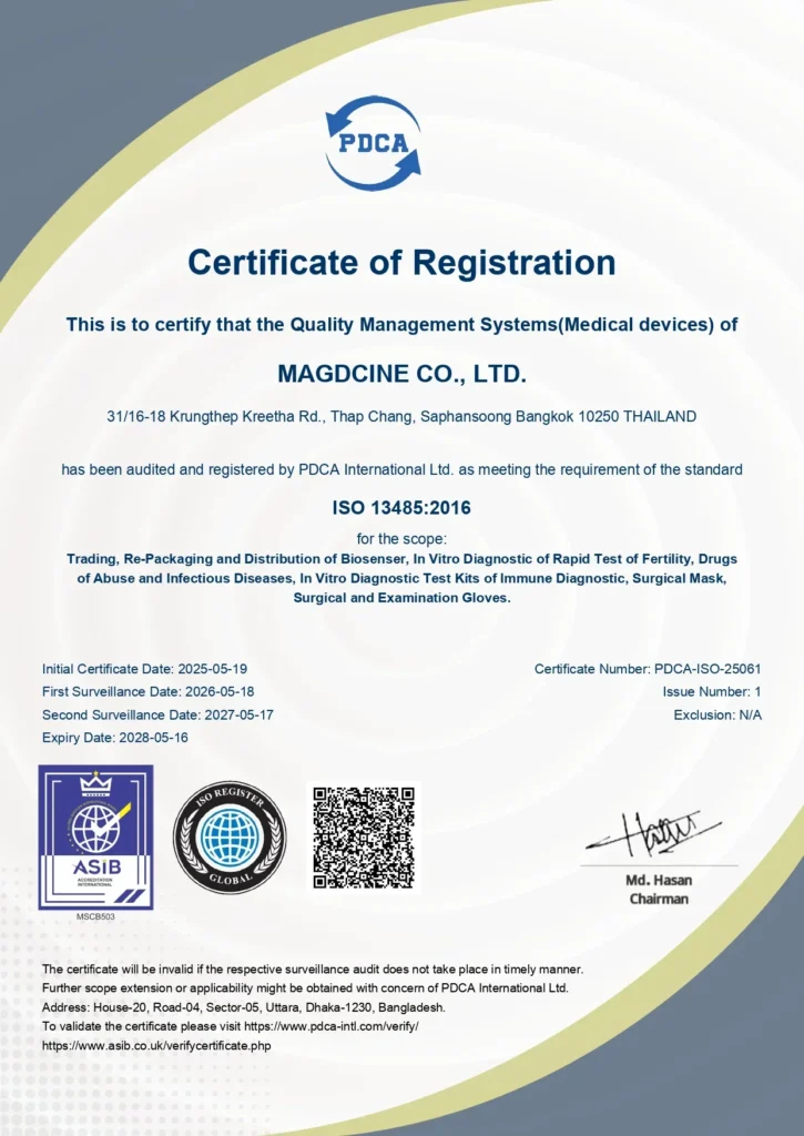 Certificate of Registration ISO ISO 13485 2016 MDQMS at MAGDCINE CO. LTD. page 0001 ชุดตรวจสารเสพติด